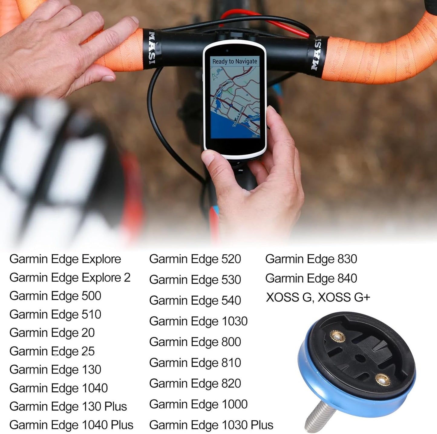 Aluminium Bicycle Mount Compatible with Garmin Edge 530 540 520 510 500 200 130 25 20 840 830 820 810 800 1000 1030 1040 Plus Explore 2 GPS Handlebar Mount for Computer Racing Bike - Blue