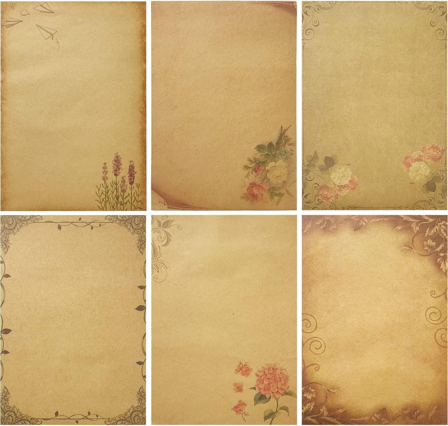 Mililanyo Vintage Paper and Envelopes Set - 24 Sheets Antique Looking Paper & 12 Antique Style Envelopes - Classic Aged Design, 6 Unique Styles - Writing and Printing Paper