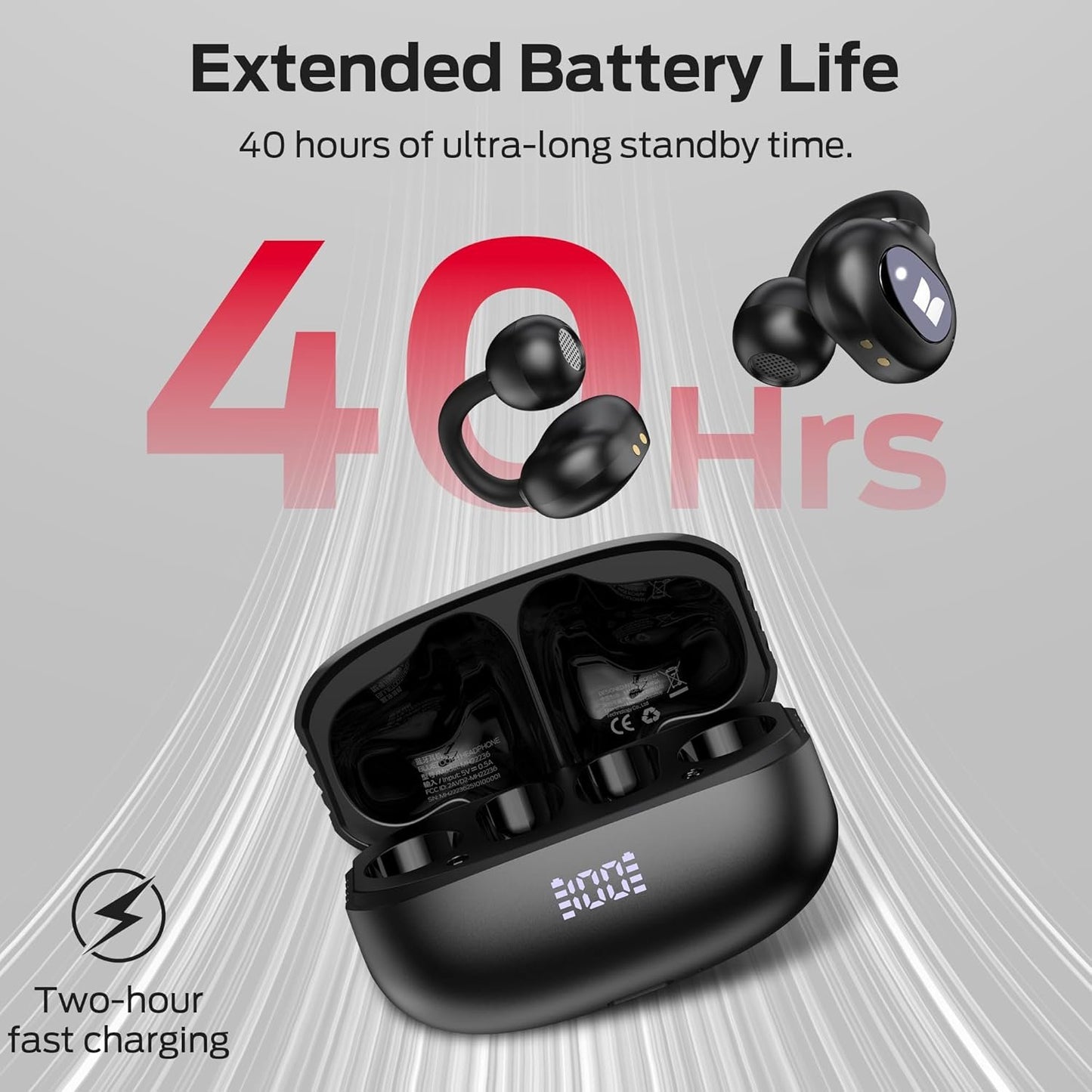 Monster Open Ear AC339 Headphones, Bluetooth 6.0 Earphones Stereo Sound, Open Ear Clip Wireless Earbuds 40 Hours Playback, with Smart Digital Display Design, Touch Control, IPX6 Waterproof