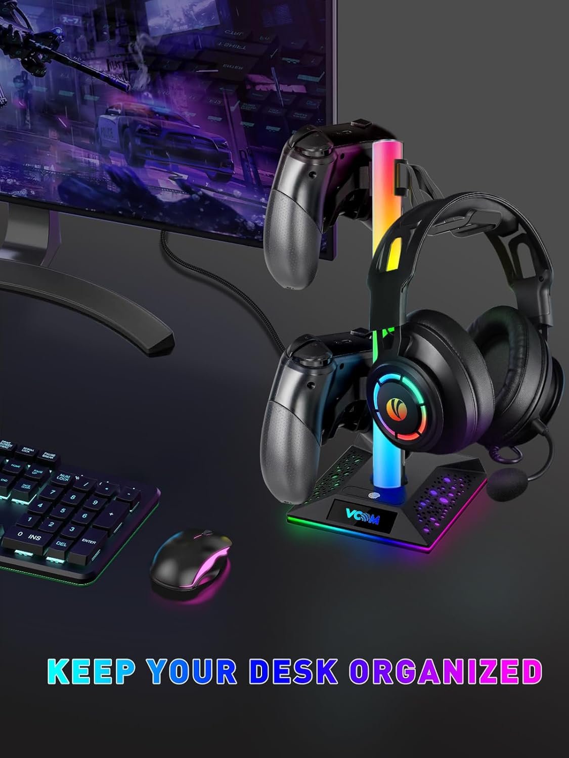 V RGB Gaming Headphones Stand with 2 USB Ports， Headset Stand with 10 Light Modes and Non-Slip Rubber, Suitable for All Earphone Accessories, Best Gift for Husband, Kids, Boyfriend