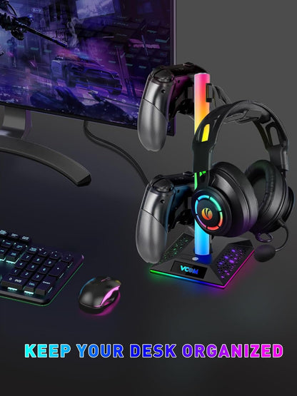 V RGB Gaming Headphones Stand with 2 USB Ports， Headset Stand with 10 Light Modes and Non-Slip Rubber, Suitable for All Earphone Accessories, Best Gift for Husband, Kids, Boyfriend