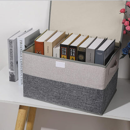 TOJUNE 2 Pack Foldable Storage Box with Lids and Handles, L40 x W28 x H26 cm, Linen Organizers, Clothes Organizers Basket, Capacity 29 L (Grey+ Beige)