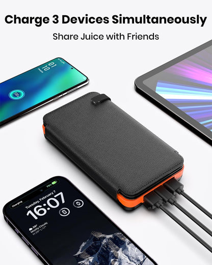 FEELLE Solar Charger Power Bank - 25000mAh Portable Phone Charger 3A Fast Charging External Battery Pack with 4 Solar Panels for Phone Outdoor Camping Orange