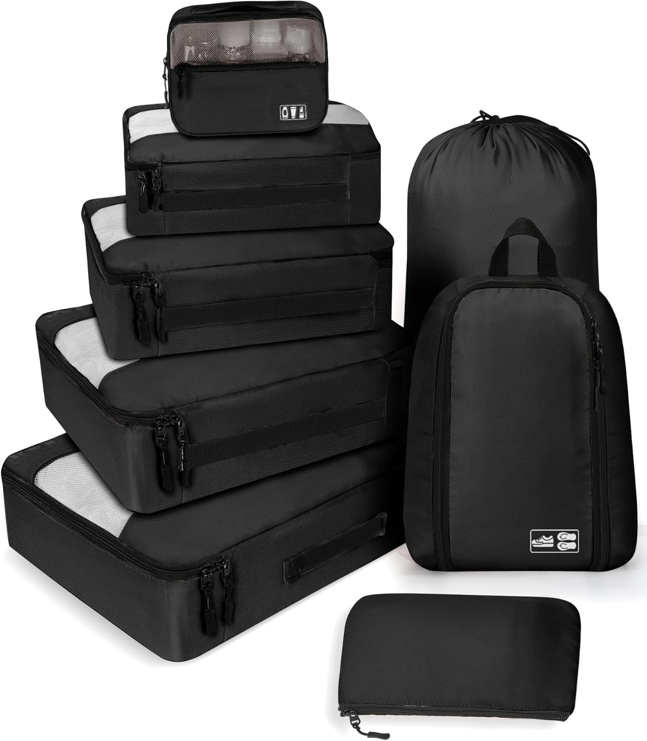 MURISE Space Saving Suitcase Organizer, 8 Piece Suitcase Organizer for Travel and Vacation, Packing Cubes with Shoe Bag and Cosmetic Bag, Travel Essentials, Black