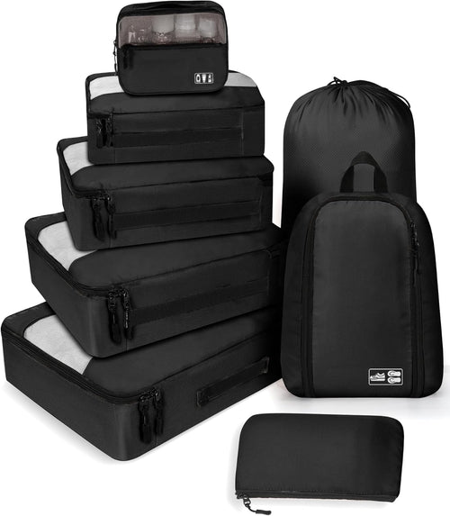 MURISE Space Saving Suitcase Organizer, 8 Piece Suitcase Organizer for Travel and Vacation, Packing Cubes with Shoe Bag and Cosmetic Bag, Travel Essentials, Black