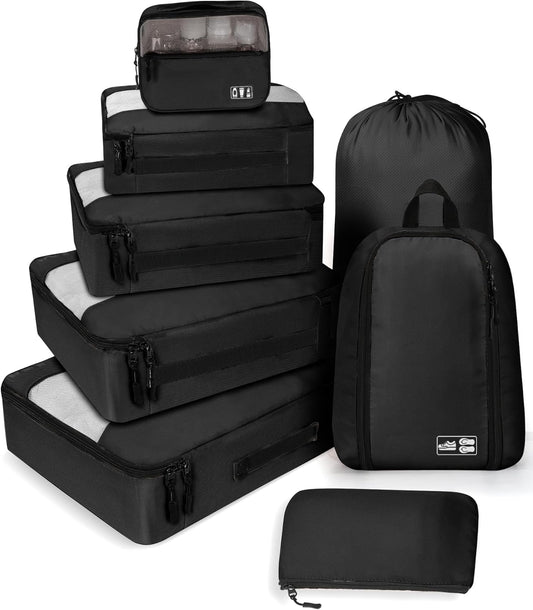 MURISE Space Saving Suitcase Organizer, 8 Piece Suitcase Organizer for Travel and Vacation, Packing Cubes with Shoe Bag and Cosmetic Bag, Travel Essentials, Black