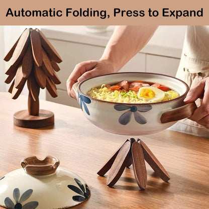 ROXANEPIG Wooden Trivets for Hot Dishes, 4pcs Tree Trivets +1 Stand, Wooden placemat Coaster, Tree Design hot Pot mat, Heat Resistant Folding mat for teapot, pan, Bowl (Black Walnut)