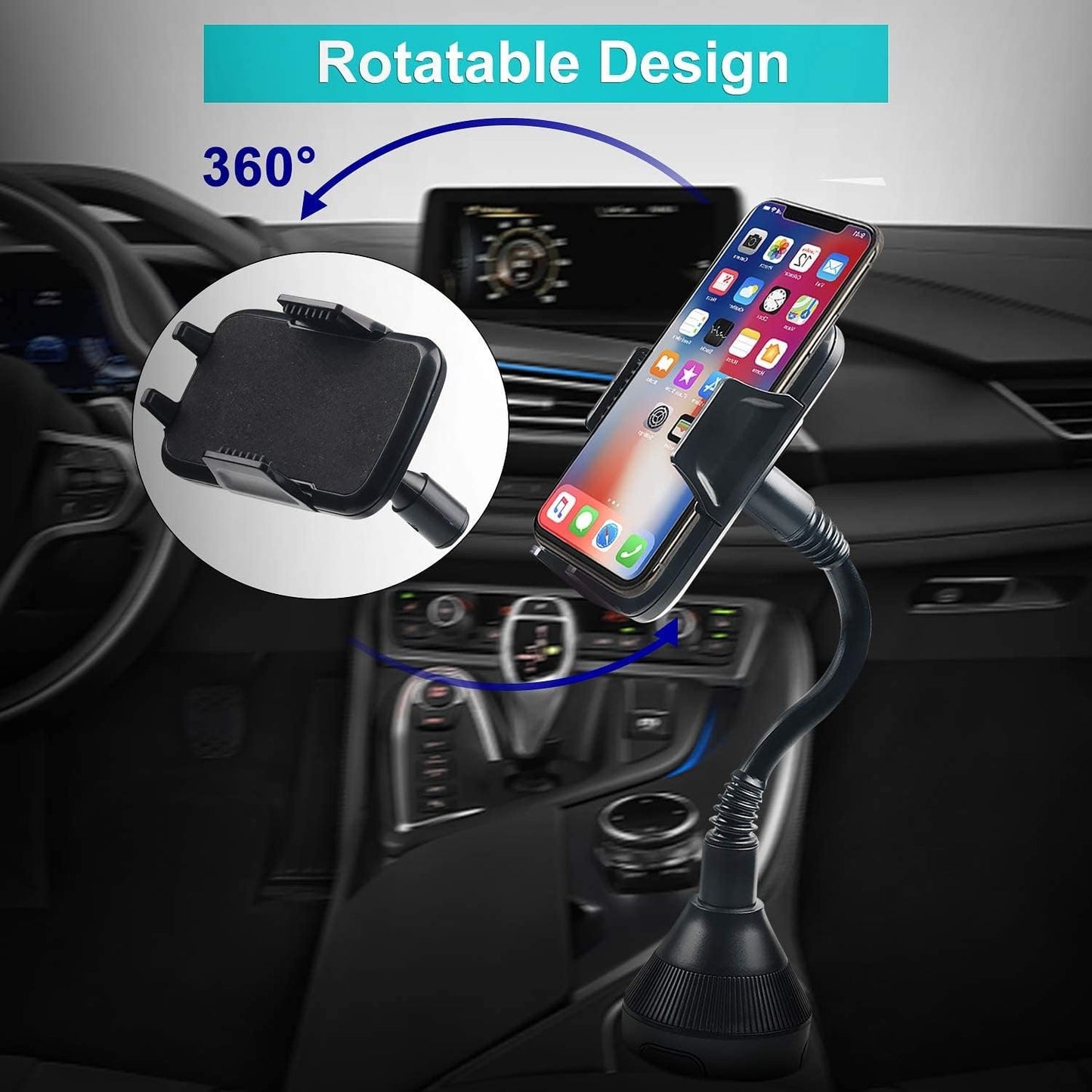 DBREAKS Universal Car Cup Holder, 360° Rotated Mobile Phone Car Black with 8.5 cm Neck Flexible and Adjustable for iPhone, Smartphone and Phone