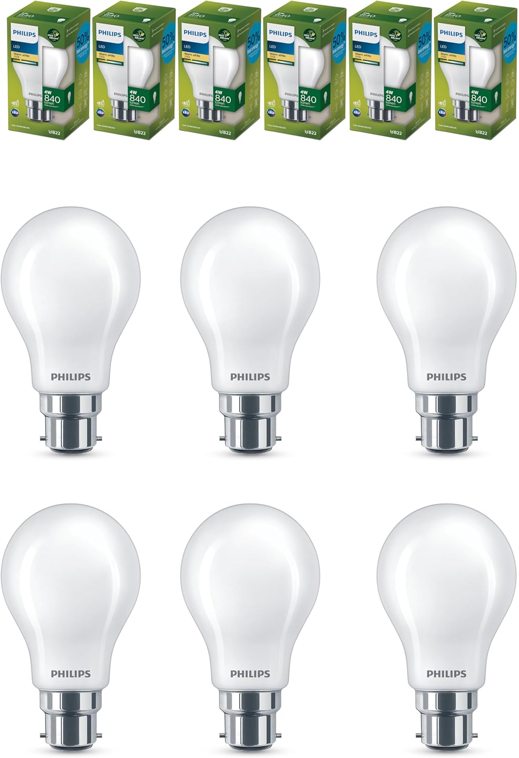 Philips Ultra Efficient Lamps Frosted Light Bulbs CLA 4W A60 B22 2700K FR UE SRT6 6pack PHUE4W27KB22FR