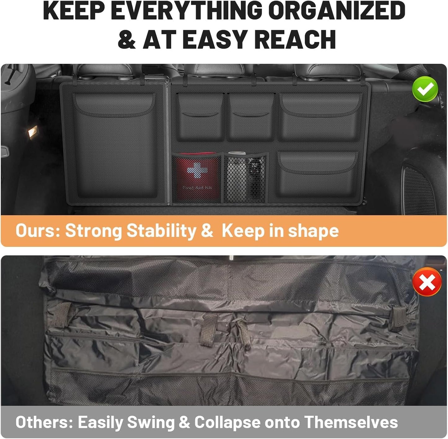 Automiim Detachable Hanging Trunk Organizer, Foldable Car Trunks Organizer Back Seat Hangings with 7 Large Compartments, Hanging Trunk Organizer for SUVs, Jeeps, Hatchbacks