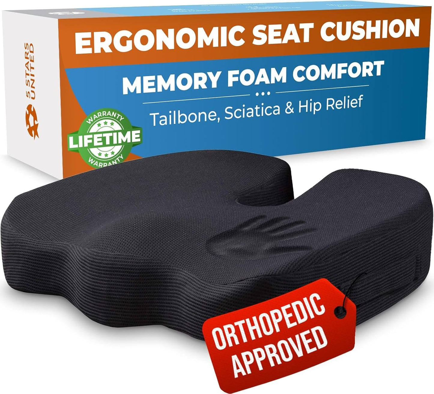 5 STARS UNITED Seat Cushion for Desk Chair - Tailbone, Coccyx Sciatica Pain Relief - Wheelchair Cushions, Black Mesh