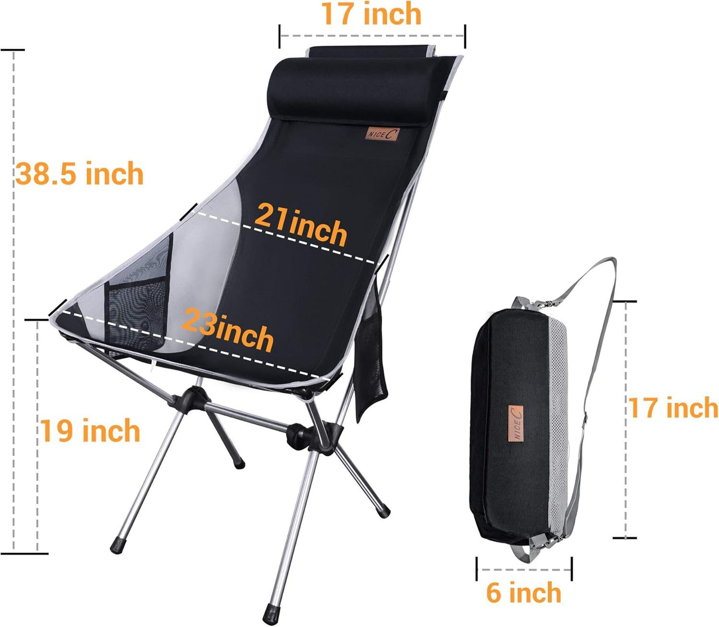 Nice C Camping Chair, Chaise Camping, Folding Chair High Back, Backpacking Chair, Compact & Heavy Duty Outdoor, Travel, Picnic, Festival with 2 Side Pockets, Pillow &Carry Bag (Set of 2 Dark)