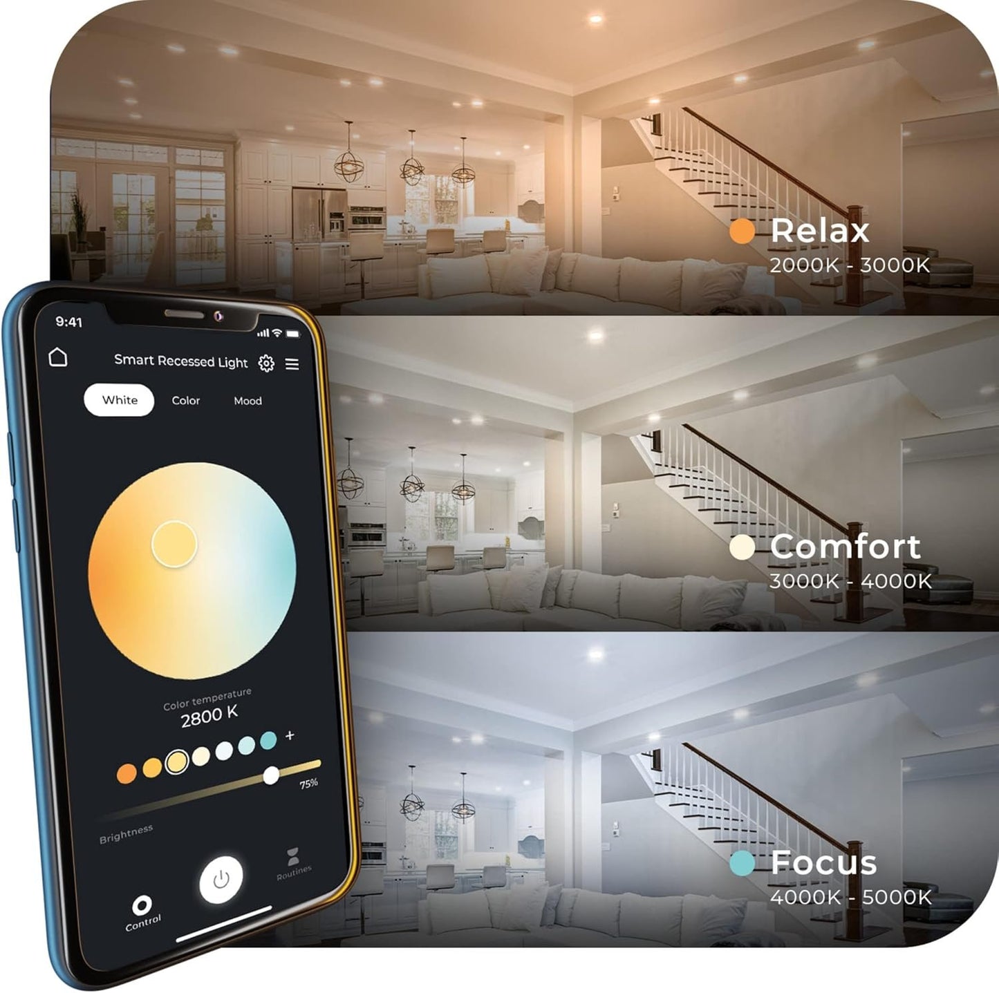 Globe Electric 50466 Wi-Fi Smart 3" Ultra Slim LED Recessed Lighting Kit 2-Pack, No Hub Required, Voice Activated, 7 W, Multicolor Changing RGB, Tunable White 2000K - 5000K, 390 Lumens, Wet Rated