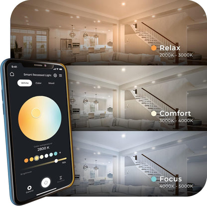 Globe Electric 50466 Wi-Fi Smart 3" Ultra Slim LED Recessed Lighting Kit 2-Pack, No Hub Required, Voice Activated, 7 W, Multicolor Changing RGB, Tunable White 2000K - 5000K, 390 Lumens, Wet Rated