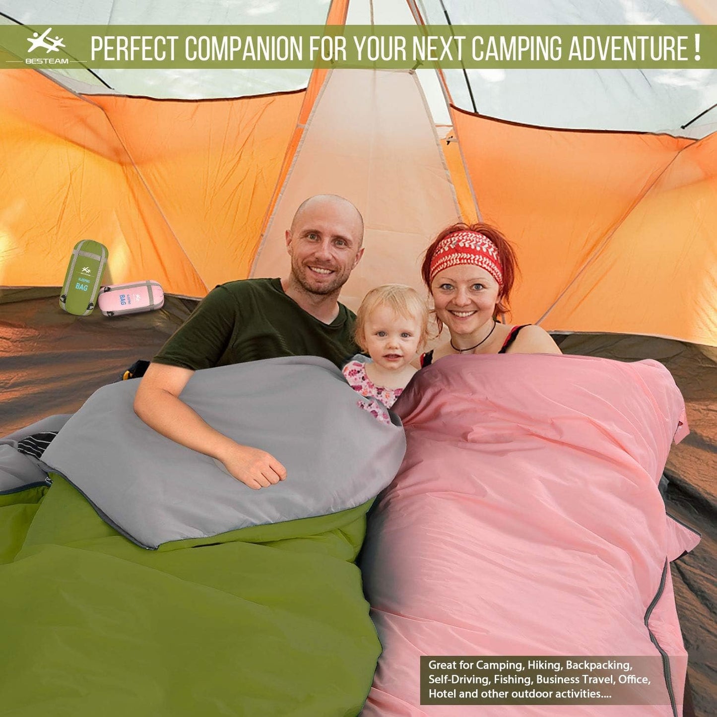 BESTEAM Ultra-Light Warm Weather Envelope Sleeping Bag, Outdoor Camping, Backpacking & Hiking - Fit for Kids, Teens and Adults