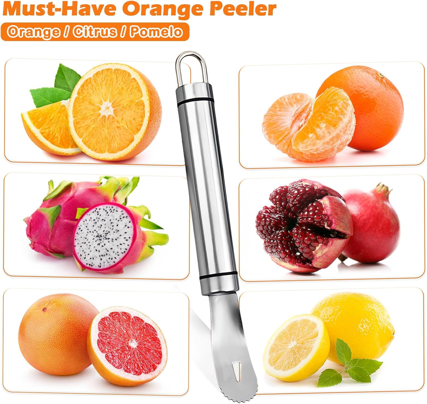 Stainless Steel Orange Peeler | Easy to Peel | Long Handle Orange Citrus Peeler Tool | Triangular-Blade & Zigzag-Shovel Orange Peeler Gadget