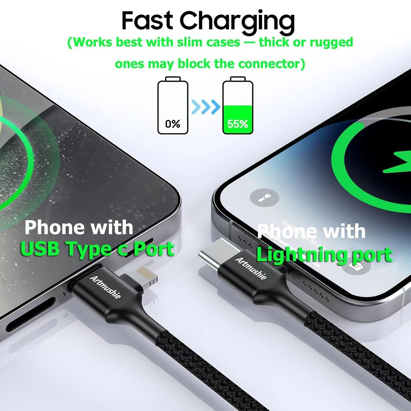 Artmushie Multi 4-in-1 Fast Charging Cable, 6Ft Black â€“ USB A/C to Multi Connectors (Type C, Lighting), Compatible with iPhone, iPad, Smartphones, Tablets & More Devices (2Pack, Black, 6Ft)