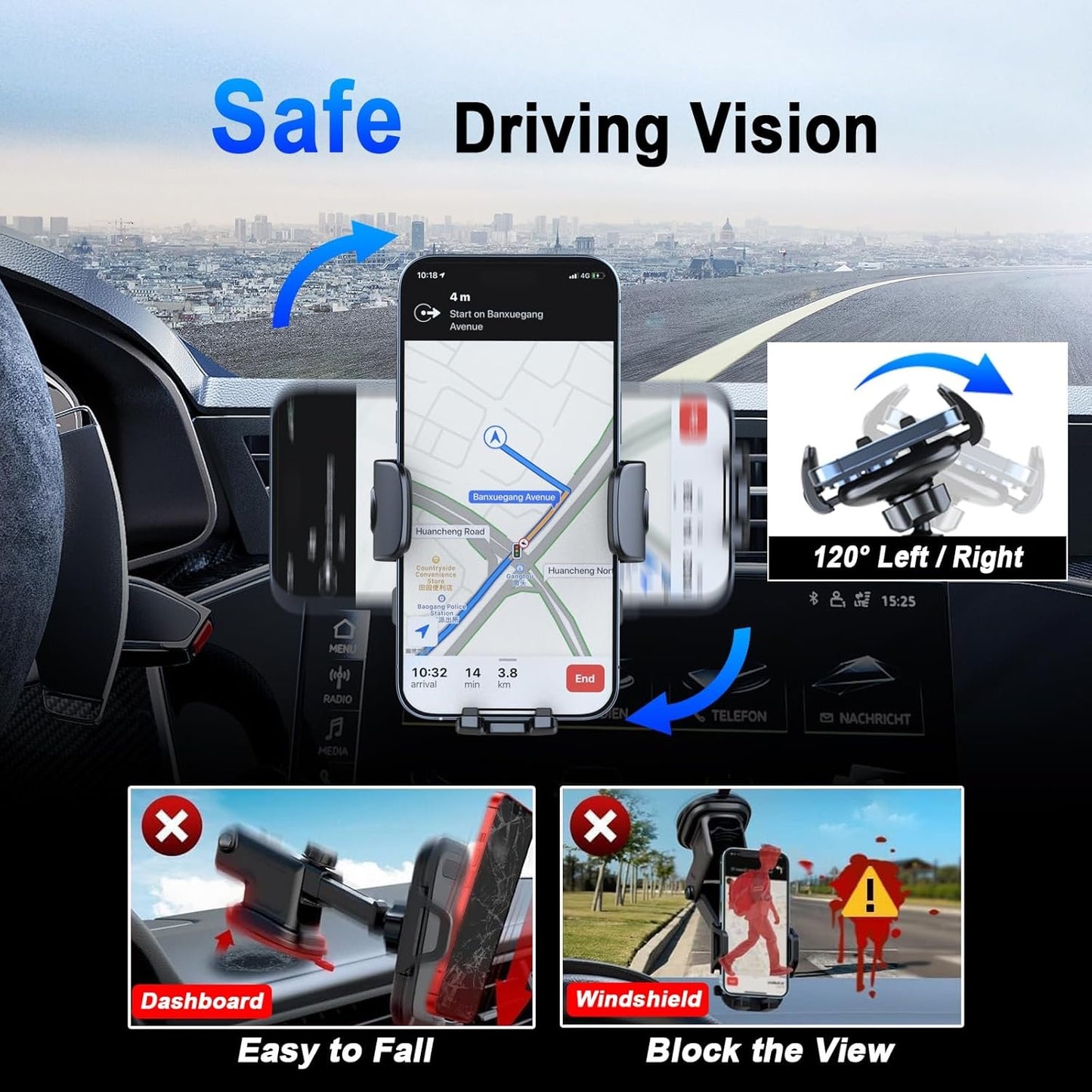 [2025 Upgraded] Car Phone Holder Vent Mount Extended Metal Hook[Ultra-Stable][Wider Clamp & Fit Thicker Case] Cellphone Car Mount for iPhone 16 Pro Max 15 Plus 14 13 12 Android Samsung S25 Ultra Pixel