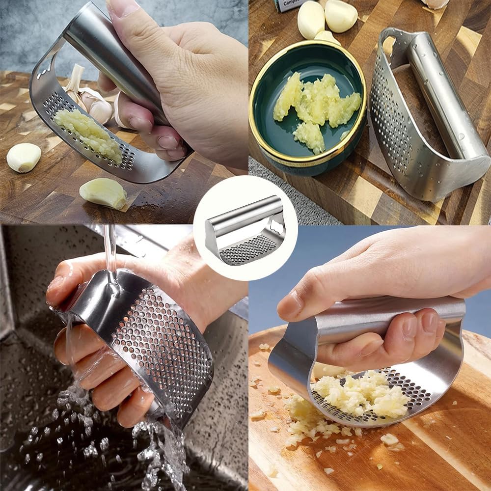 Stainless Steel Garlic Presser,2024 New Garlic Mincer Press Garlic Crusher with Cleaning Brushr And Peeler,Garlic Chopper Kitchen Tools Gadgets,Easy to Use.
