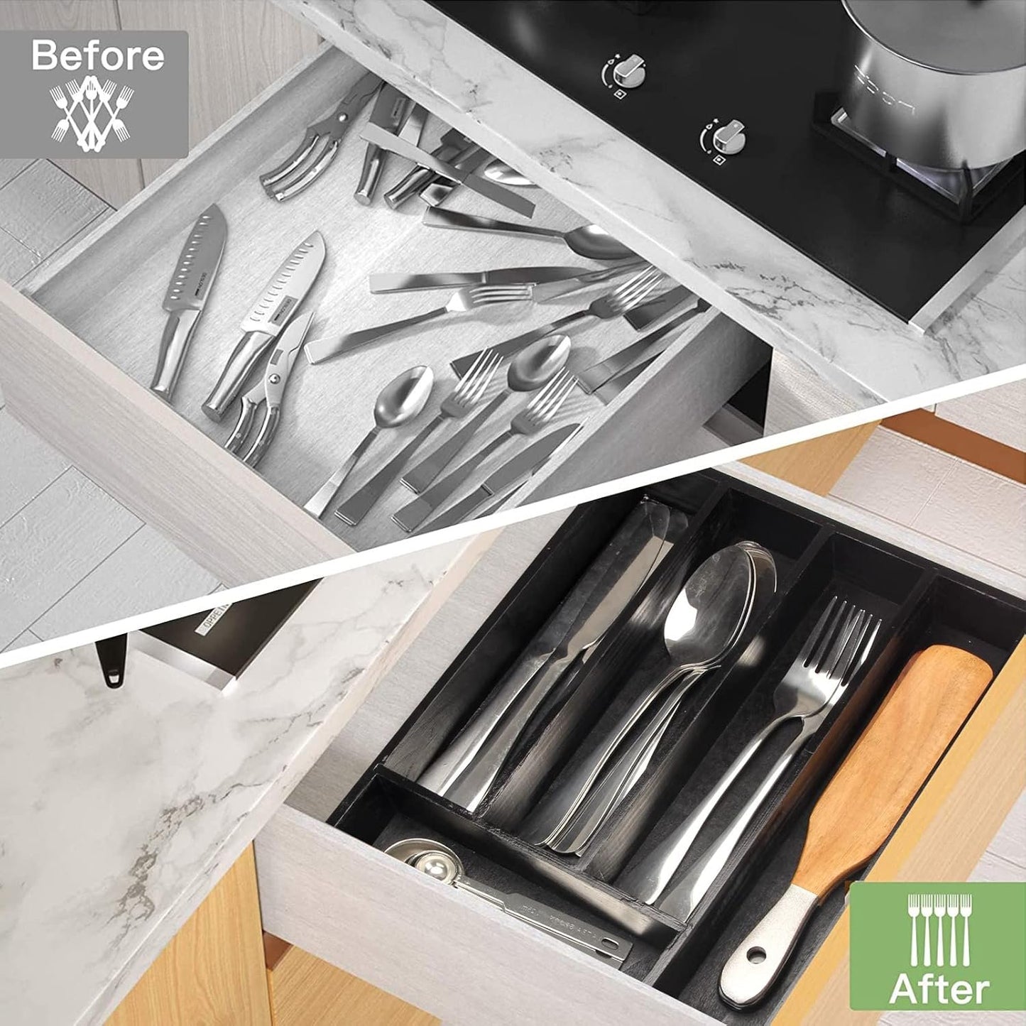 Kitchen Wood Utensil Tray Drawer Organizer, Wooden Cutlery Tray Silverware Drawer Divider 14.6"x9.5" Flatware Organizer Black Bamboo Silverware Tray Cutlery Utensil Holder for Drawer Tray