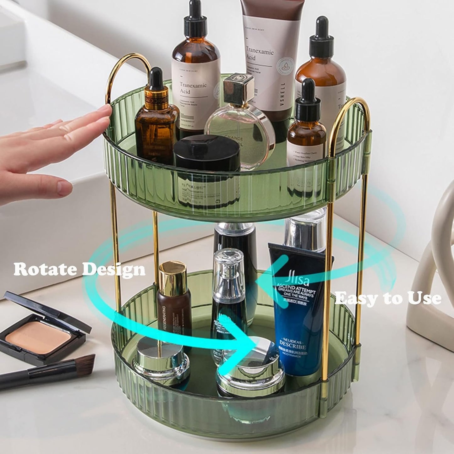 Rotating Makeup Organizer, 2 Tier Large Capacity Perfume Organizer Makeup Organizer, Cosmetic Organizer for Vanity Bathroom Bedroom, Green