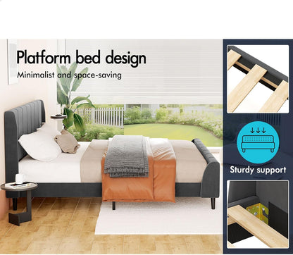 ALFORDSON Bed Frame Base Double Size with Headboard, Bed Platform Foundation with Velvet Fabric Upholstered for Mattress Topper, HUNDOLF Series Velvet Grey