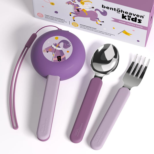 Bentoheaven Kids Travel Utensils with Case, Food-Grade Stainless Steel & BPA-Free Plastic, Travel Kid Cutlery Set, Dishwasher Safe Fork, Spoon & Case, Reusable Flatware, Silverware for Kids (Ride)