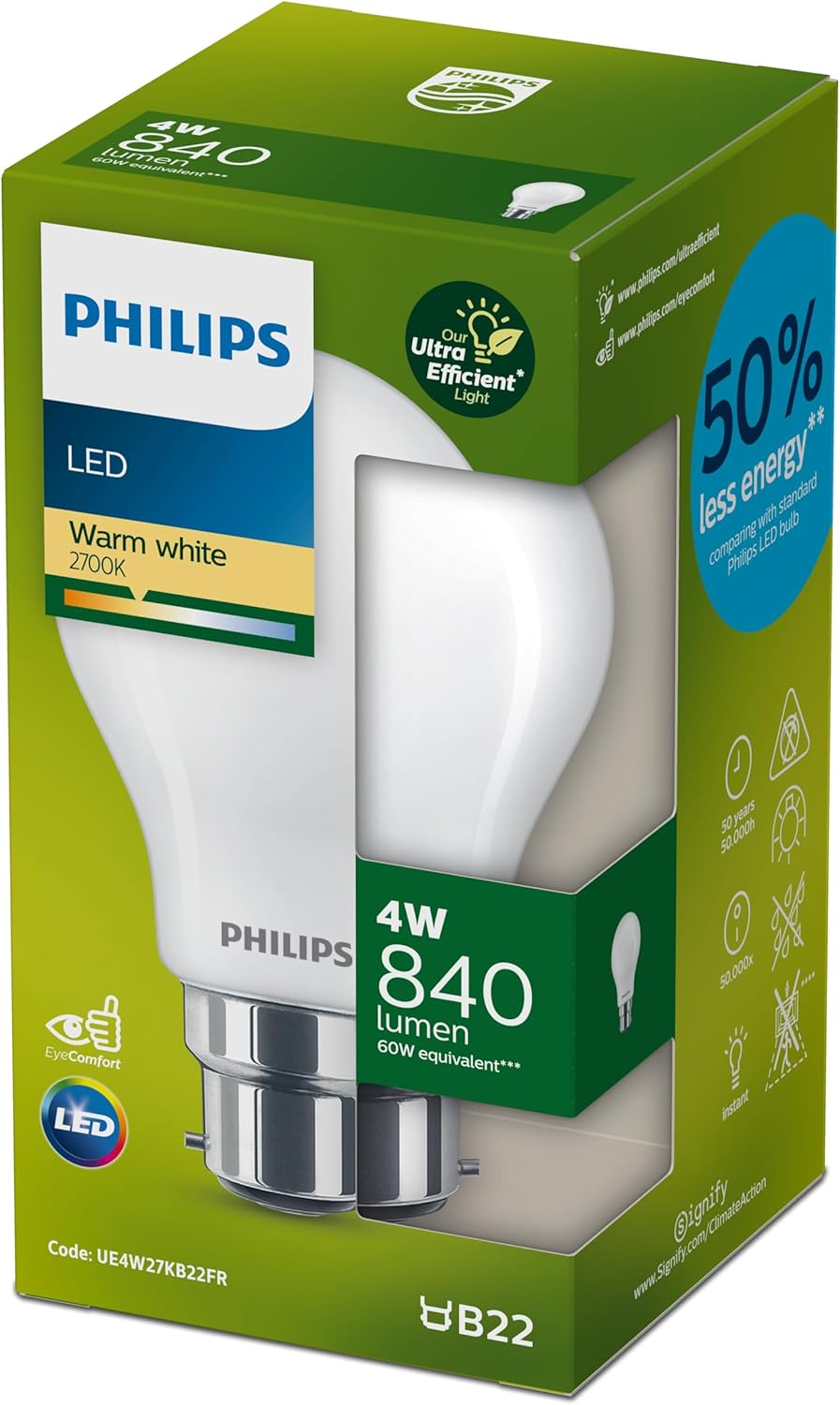 Philips Ultra Efficient Lamps Frosted Light Bulbs CLA 4W A60 B22 2700K FR UE SRT6 6pack PHUE4W27KB22FR