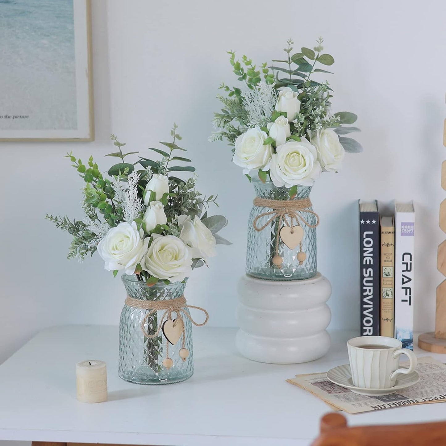 VIERENA Faux Flowers with Vase,Artificial Silk Roses in Vase,Fake Plant Eucalyptus Flower Arrangement for Home Office Farmhouse Bathroom Dining Table Centerpiece Decorations (White),106-HS-BAI