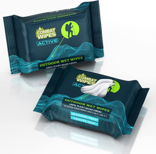 Combat Wipes ACTIVE Outdoor Wet Wipes - Extra Thick Camping Gear, Biodegradable, Body & Hand Cleansing/Refreshing Cloths for Backpacking & Gym w/Natural Aloe & Vitamin E(2 pack, 25 wipes each)