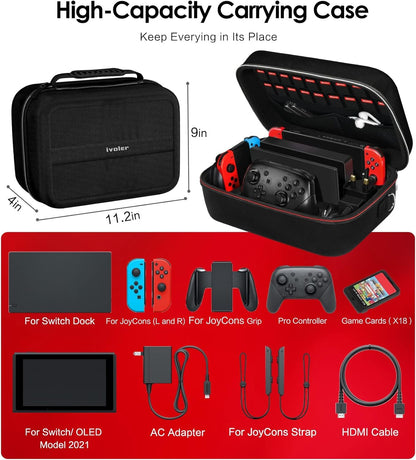 iVoler Carrying Storage Case for Nintendo Switch/Switch OLED Model (2021), Portable Travel Protective Hard Messenger Bag Soft Lining 18 Games for Switch Console Pro Controller & Accessories (Black)