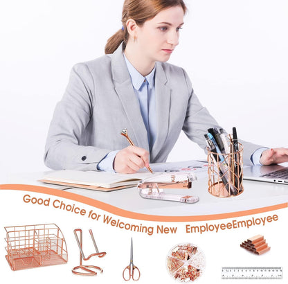 KAAKOW Rose Gold Desk Organizers and Accessories Office Supplies Set Stapler, Pen Holder, Phone Holder, Scissors, Pen, Ruler, 30 Paper Clips, 22 Binder Clip, 20 Tacks and 1000pcs Staples