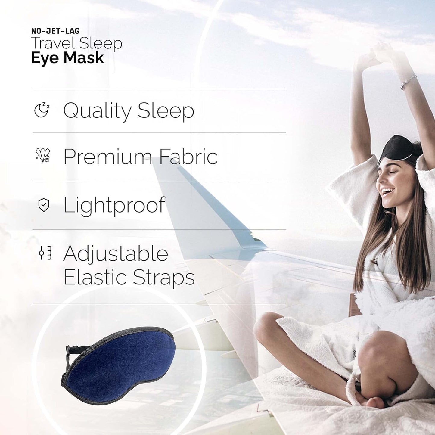 No Jet Lag Comfort Travel Eye Mask with Adjustable Straps, Padded Soft, Navy, Travel Essential, Blocks light, Improves Sleep Quality. Sleep Aid, For Men, Women, Kids