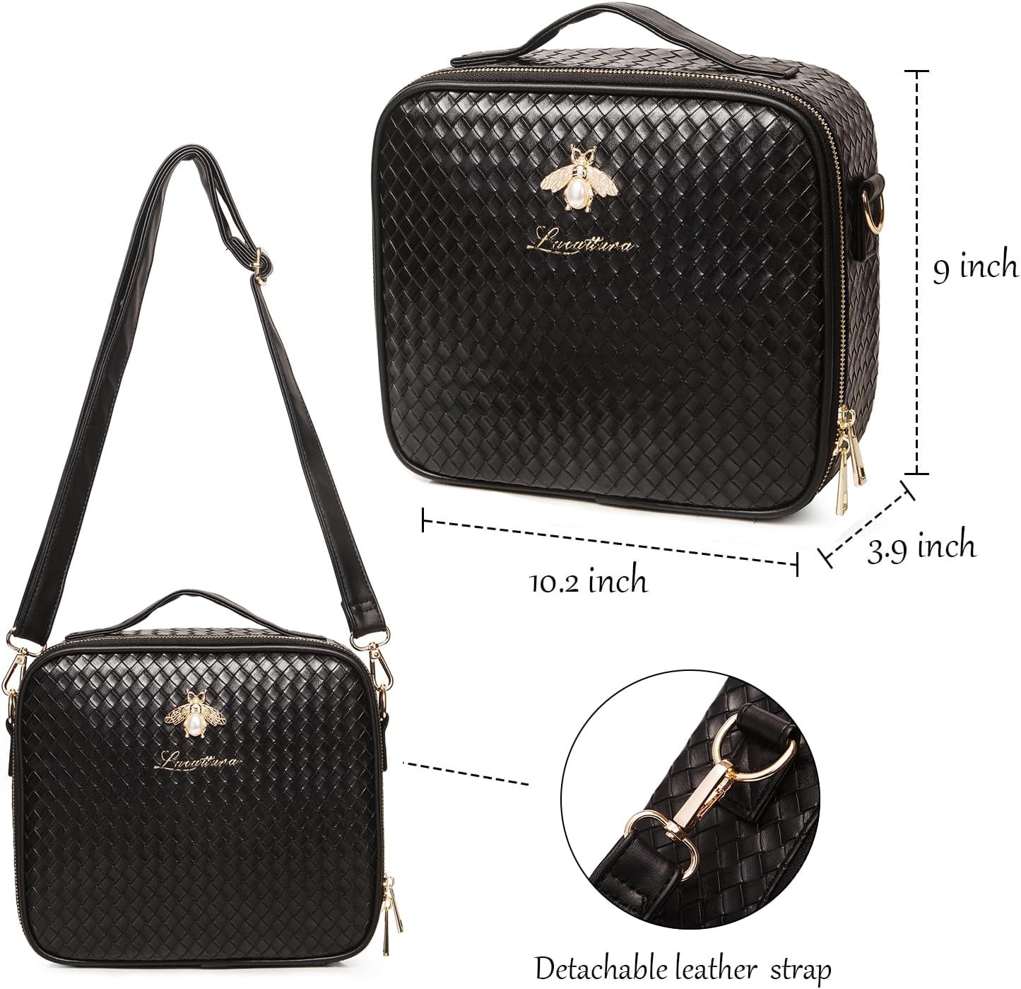LACATTURA Travel Makeup bag, Leather Makeup Train Case Cosmetic Organizer for Makeup Brushes Toiletry Digital Accessories, Portable Artist Storage Bag With Shoulder Strap for Women Black