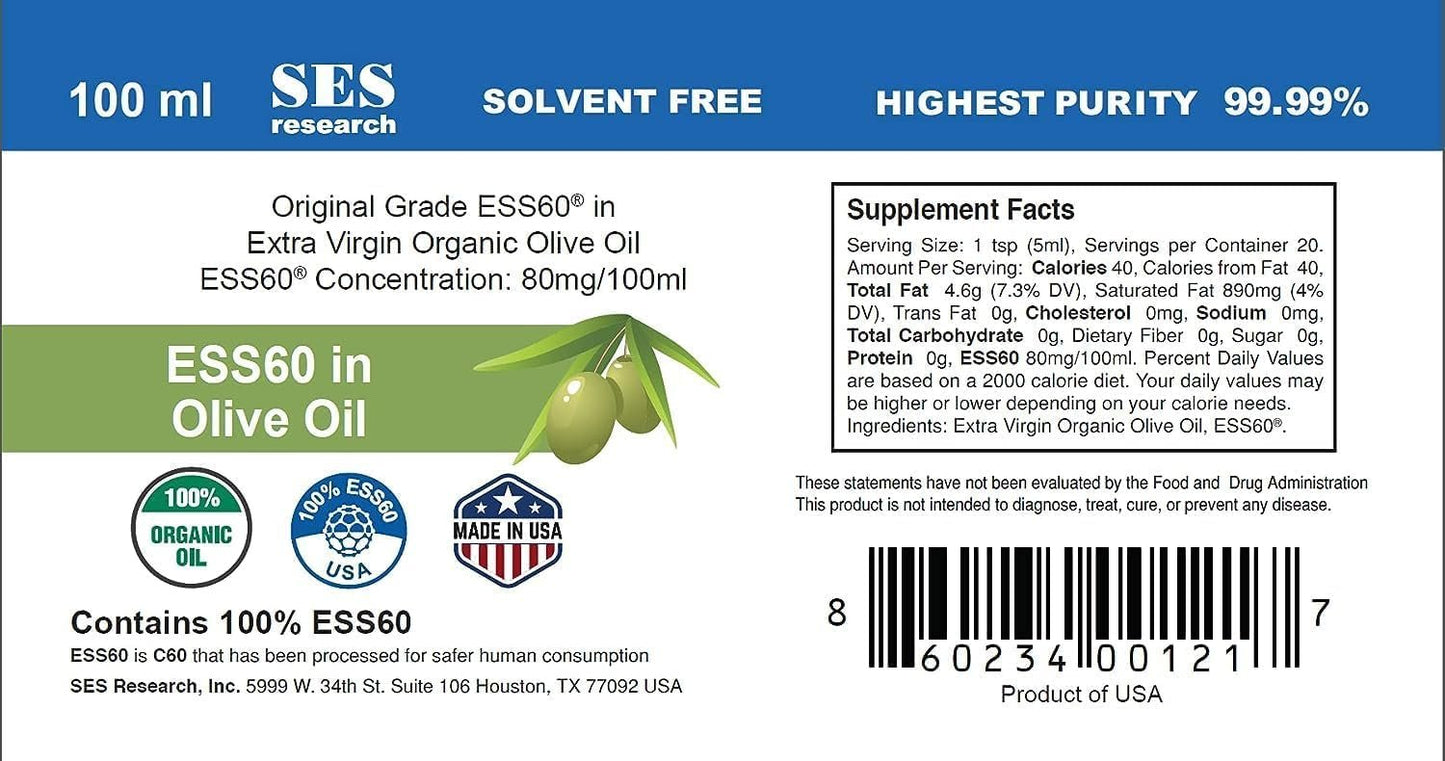 SES Research Original Grade C60, Carbon 60, 99.99% in Organic Extra Virgin Olive Oil - Highest Purity - 100 ml