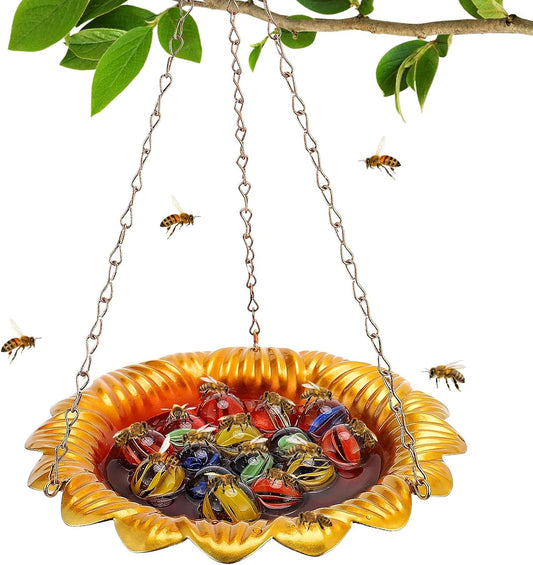 Acostop Bee Feeder with Vivid Flower Design - Anti-Rust Iron Bee Watering Station for Feeding, Colorful Butterfly Bath Bowl Cup with 15 Glass Marbles for Outdoor Yard Garden Decor Gifts (Golden)
