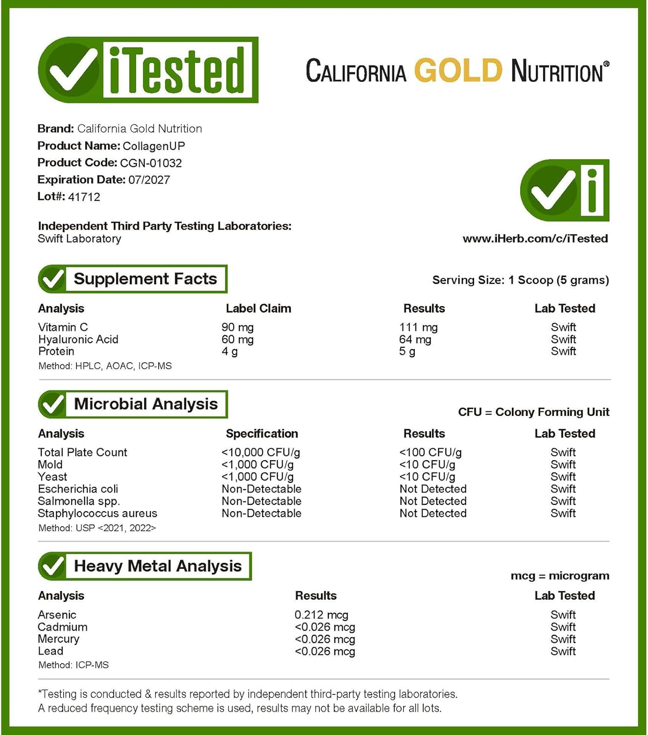 California Gold Nutrition CollagenUP®, Hydrolyzed Marine Collagen Peptides with Hyaluronic Acid and Vitamin C, Unflavored, 1.02 lb (464 g)