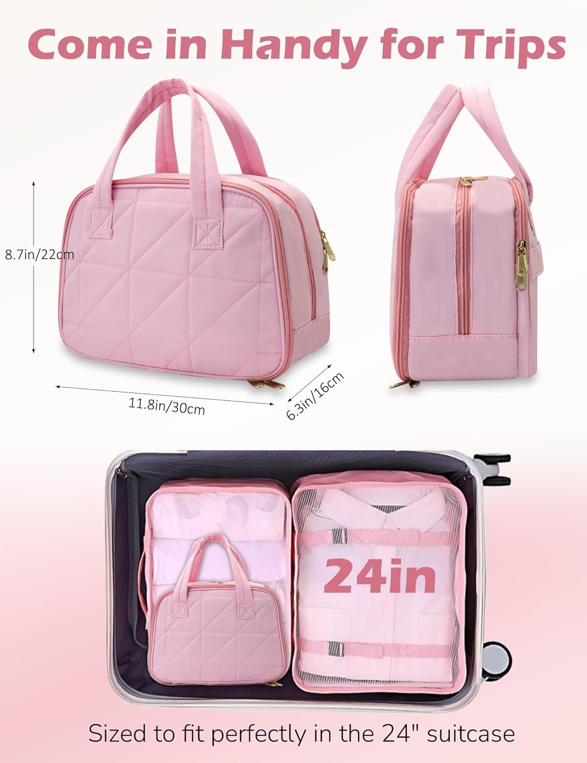 Travel Toiletry Bag, Large Capacity Makeup Organizer, Water-Resistant Make up Travel Bags, Cute Cosmetic Travel Bag with Handle, Hanging Case for Accessories, Cosmetics, Toiletries (Black)