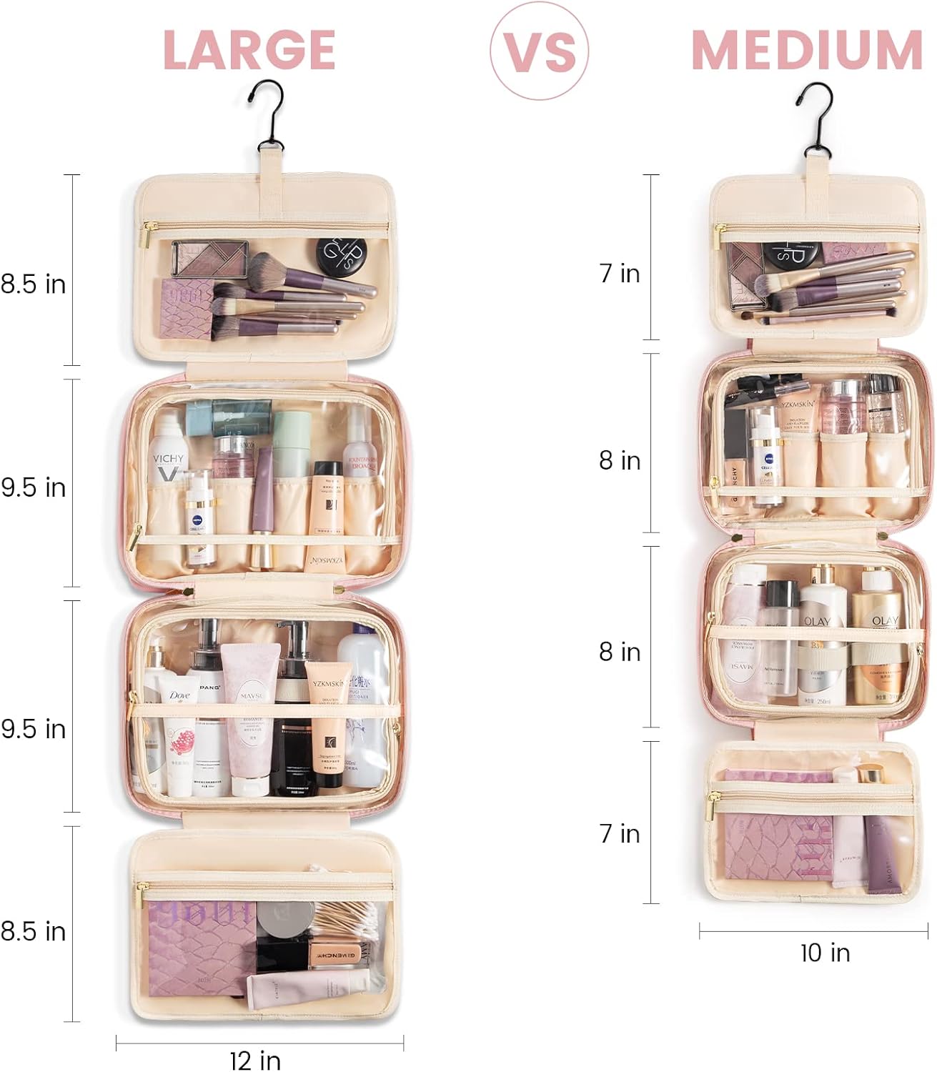 LOVEVOOK Women's Travel Toiletry Bag, Waterproof Makeup Bag Necessary High Capacity Travel Makeup Bag Useful Accessories with Hook, pink