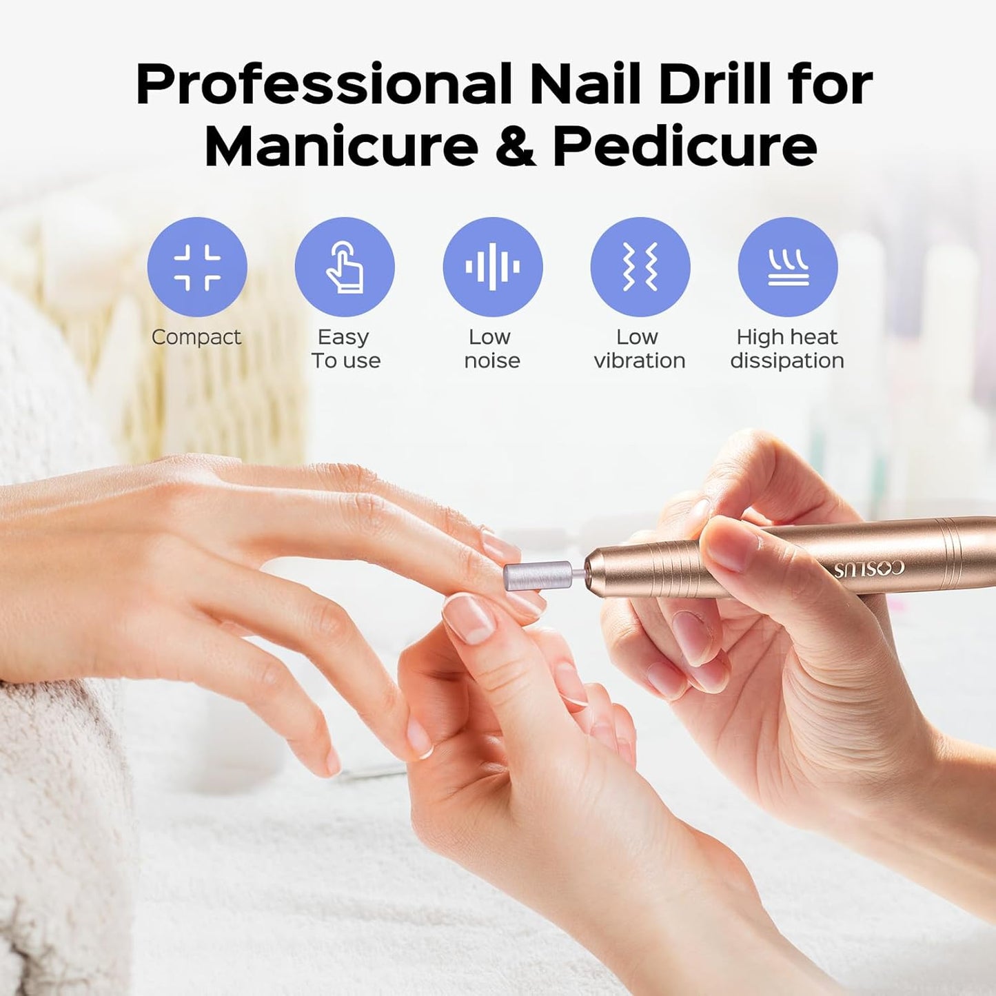 COSLUS Portable Electric Nail Drill Machine for Acrylic Gel Dip Power Nails, Manicure and Pedicure Polish Kit with Bits Sanding Bands, Suitable for Home Salon, Gold