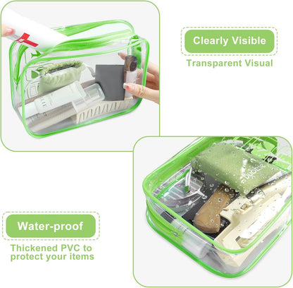 JUNART 3Pcs Clear Travel Toiletry Bags, TSA Approved Cosmetic Makeup Bag, Portable Travel Accessories Airport Airline Compliant Bag for Men and Women (Green)