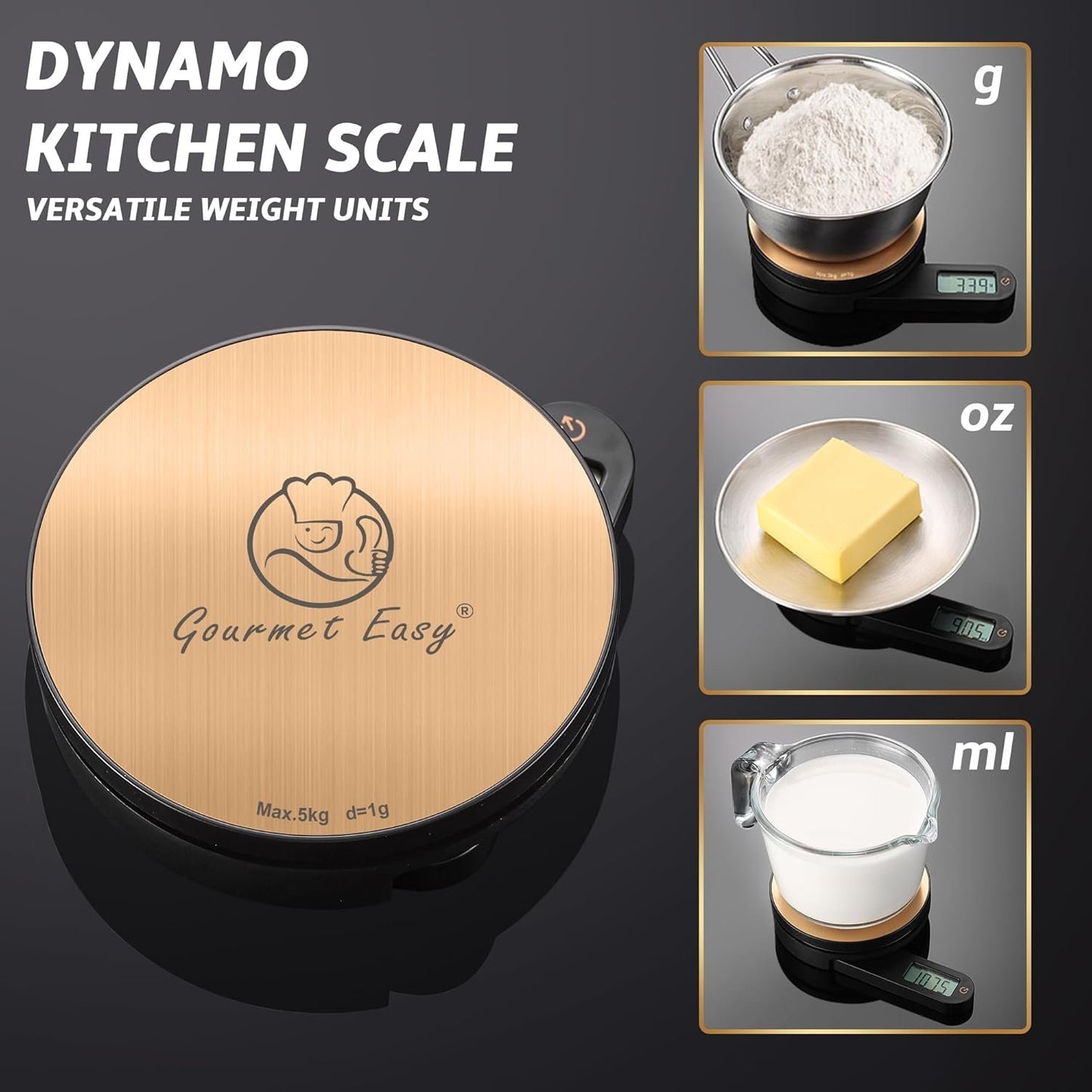 Dynamo Food Scale for Kitchen, Battery-Free Technology Kitchen Scale, Food Weight Scale, Weight in Grams & Ounces, Multifunctional Scale for Cooking, Baking & Meal Prep, Round, Gourmet Easy