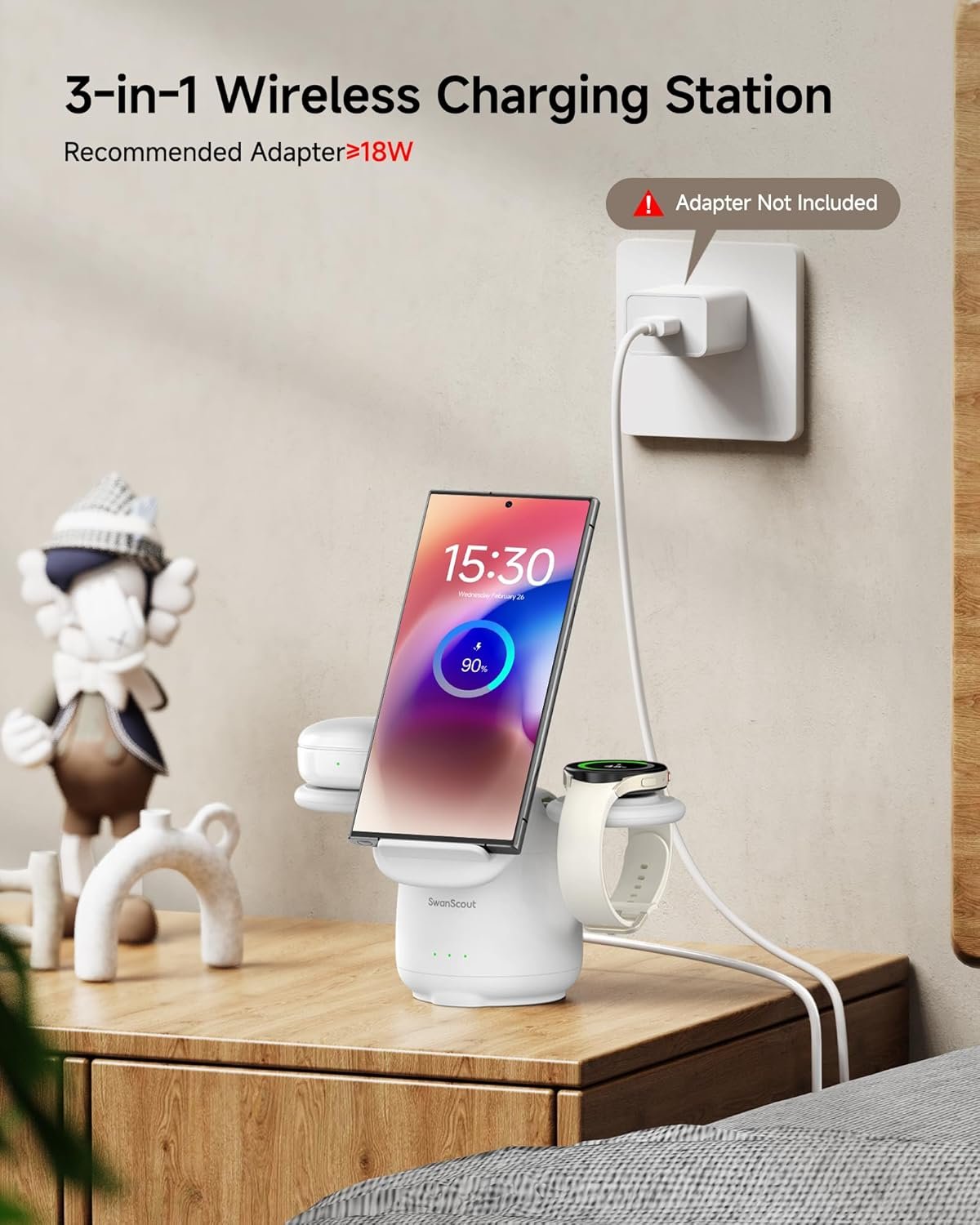 SwanScout Wireless Charger for Samsung, 3 in 1 Charging Station for Samsung S25 Ultra/S24/S23/Z Flip 6/Z Fold 6, Watch Charger for Galaxy Watch 7/Ultra/6/5, Galaxy Buds 3/Pro, 707S (No Adapter)