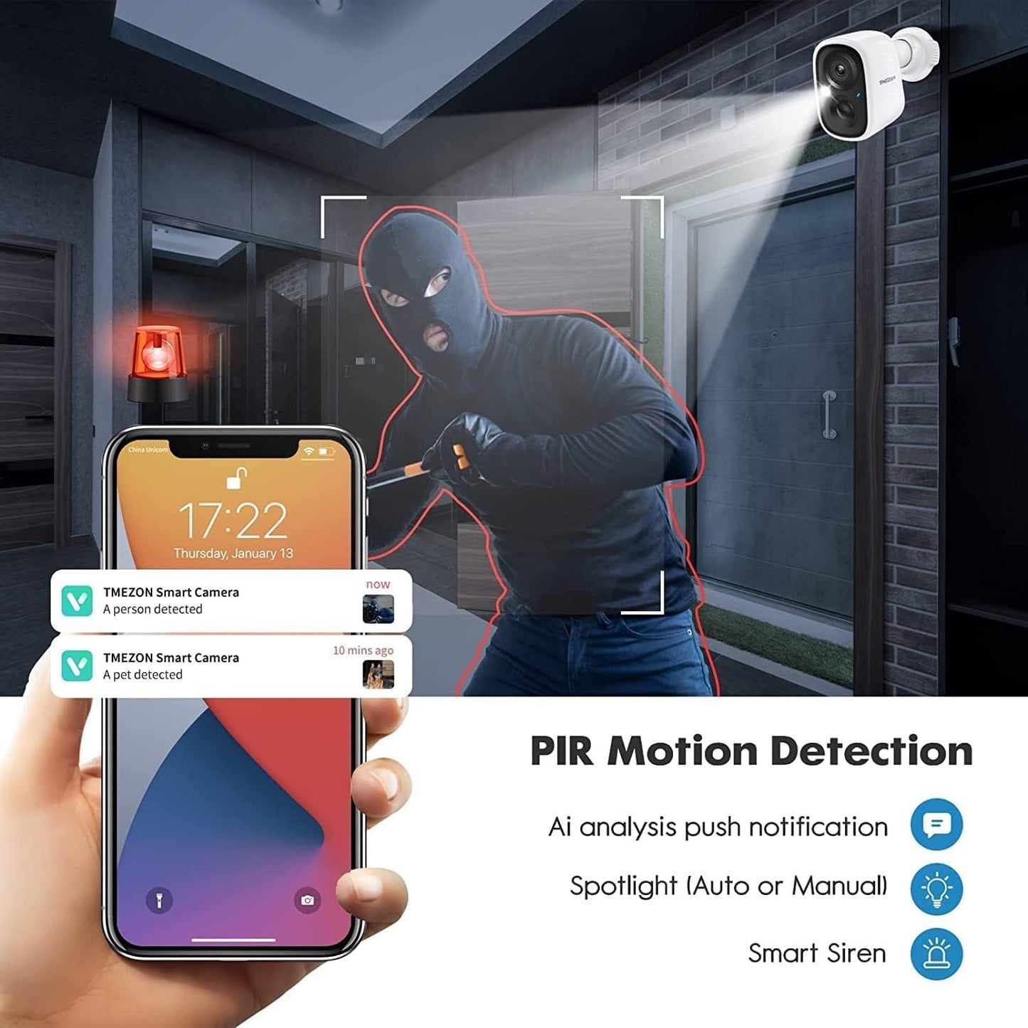 TMEZON 1080p Indoor/Outdoor Security Wireless Camera,Rechargeable Battery/Solar Powered for Home Surveillance, PIR Motion Detection, Stunning Night Vision, Smart Home Supported,Without Solar Panel