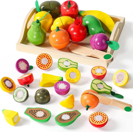 Wooden Play Food Montessori Toys for 2 3 4 Year Old Girls Boys Cutting Fruits Pretend Play Kitchen Accessories Toddlers Educational Kids Toys Birthday Gifts for 2 3 4 5 Year Old Boy Girl