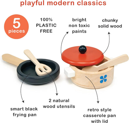 Mentari Wooden Toy Play Kitchen Accessories - Whimsical Toy Kitchen Play Set Featuring Casserole Pot, Pan, & Utensils, Perfect for Creative Storytelling and Immersive Pretend Play! Age 2Y and Up