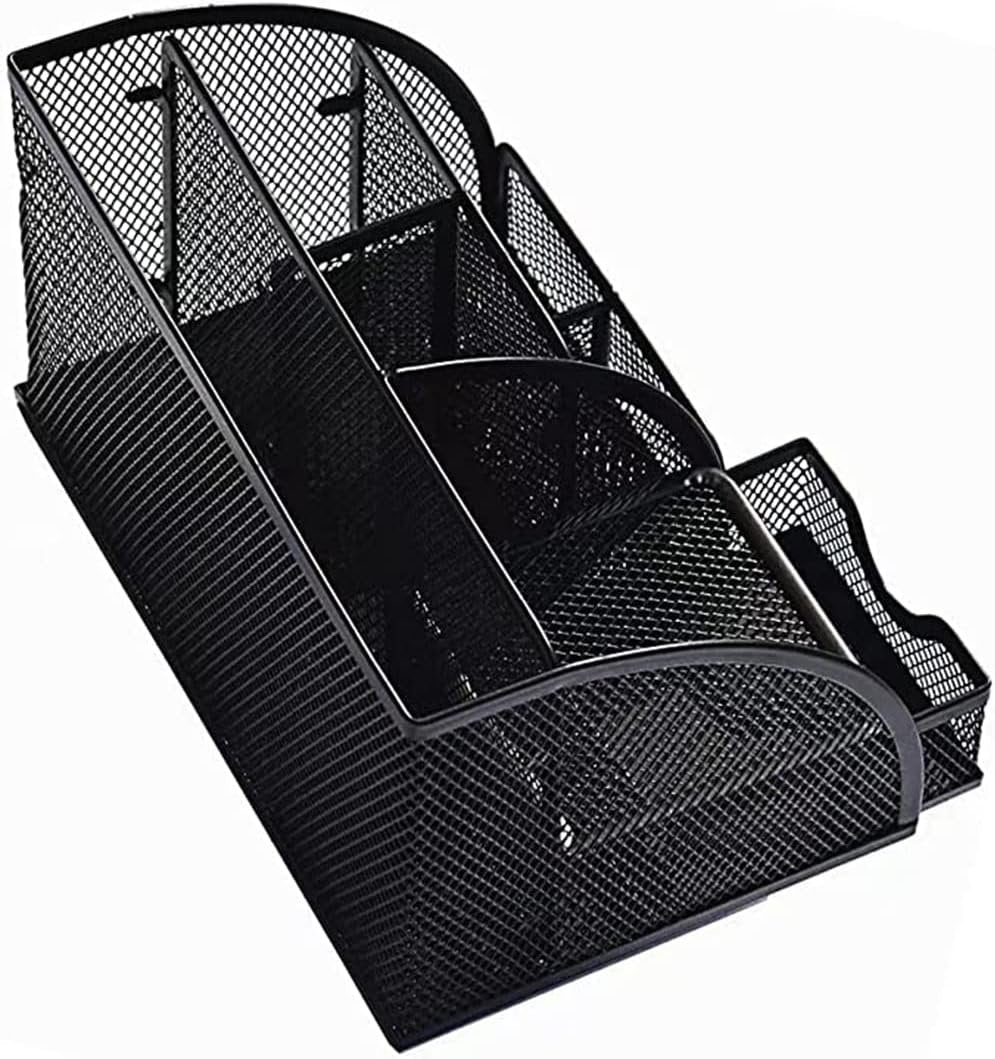 Gonice Black Mesh Desk Organizer, Multi-functional Pen Holder With 6 Compartments and 1 Drawer for Office Supplies and Desk Accessories, Desktop Organizer for Home,Office and School