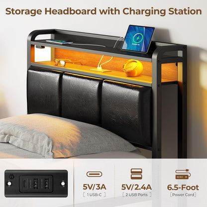 Rolanstar Bed Frame Twin Size with Charging Station and LED Lights, PU Leather Headboard with Storage Shelves, Heavy Duty Metal Slats, No Box Spring Needed, Single Bed, Easy Assembly, Black