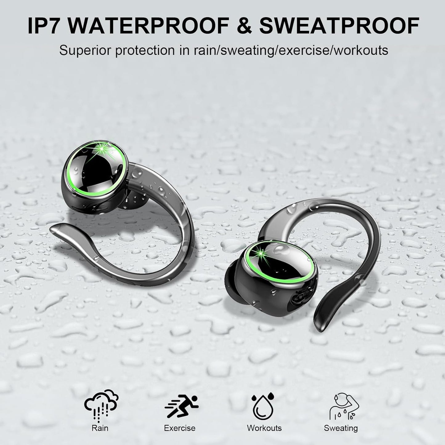 Wireless Earbuds, Bluetooth 5.4 Headphones Sport, Wireless Earphones HiFi Stereo Sound with Noise Canceling Mic, 50H Bluetooth Earbuds with EarHooks, IP7 Waterproof Ear Buds for Sports Workout/Running