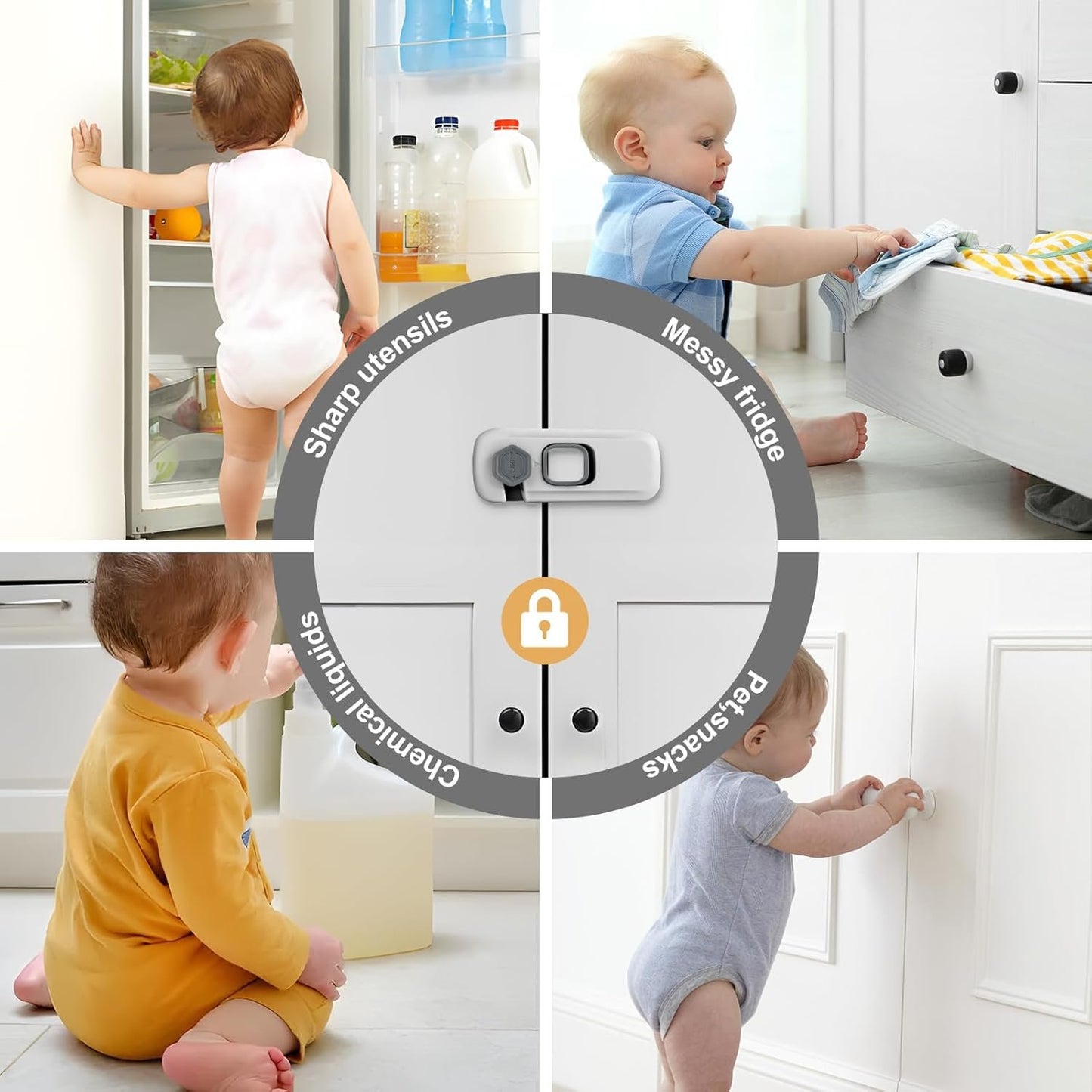 BECOMTO 5 Pack Childproof Refrigerator Lock,Baby Safety Fridge Door Lock,Freezer Lock Apply to Max 1"(25mm) Sealing Strip,Cabinet Cupboard Lock for Toddlers,Easy to Install,No Tools Need or Drill,Grey